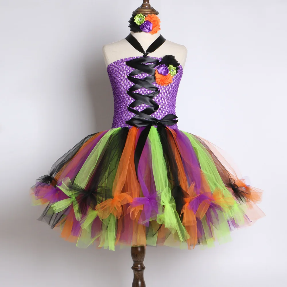 Halloween Witch Tutu Dress with Floral Hairband Girls Multi Tone Tulle Skirt Kids Stage Outdoor Show Performance Mesh Apparel