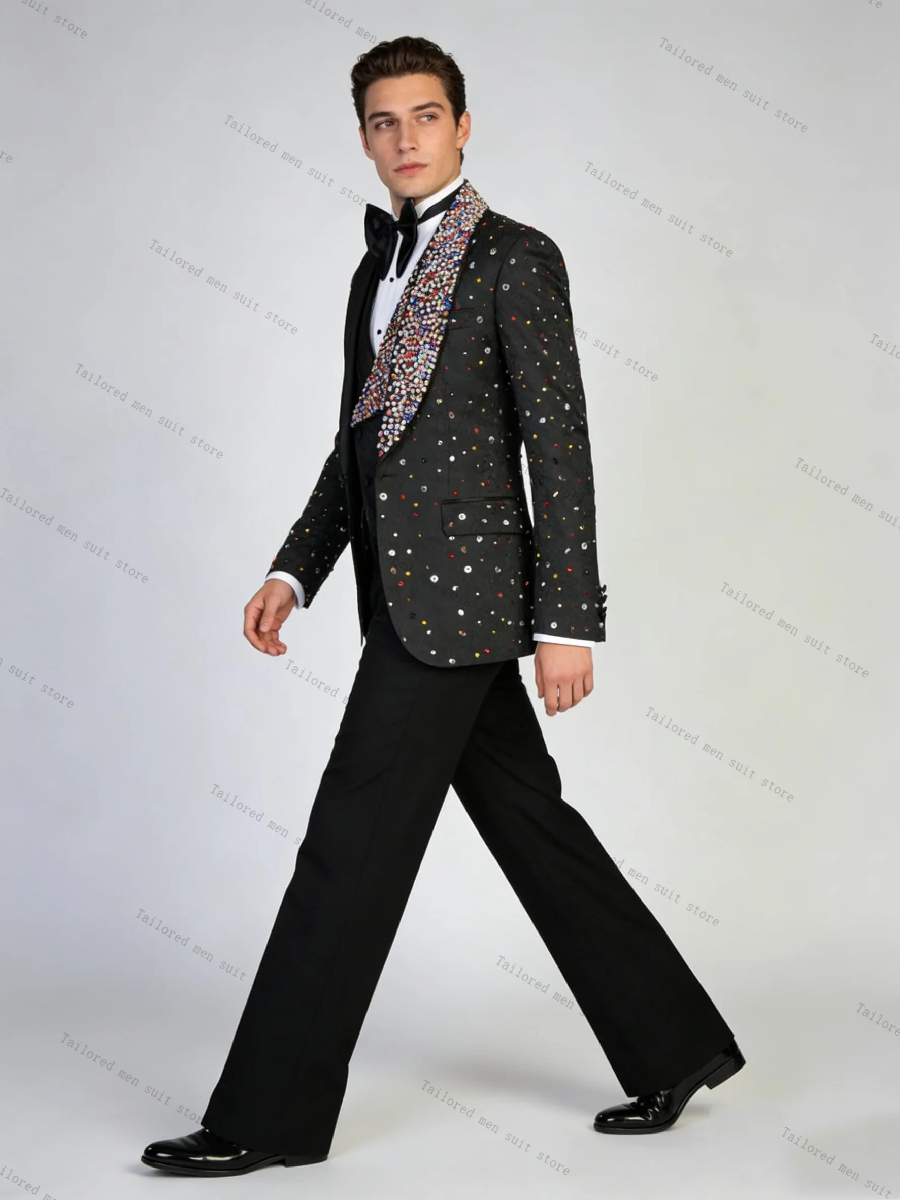 

Crystals Stone Men Suits Pants Set 2 Pcs Blazer+Trousers Groom Wedding Tuxedos Jacket Formal Office Business Coat Outfit