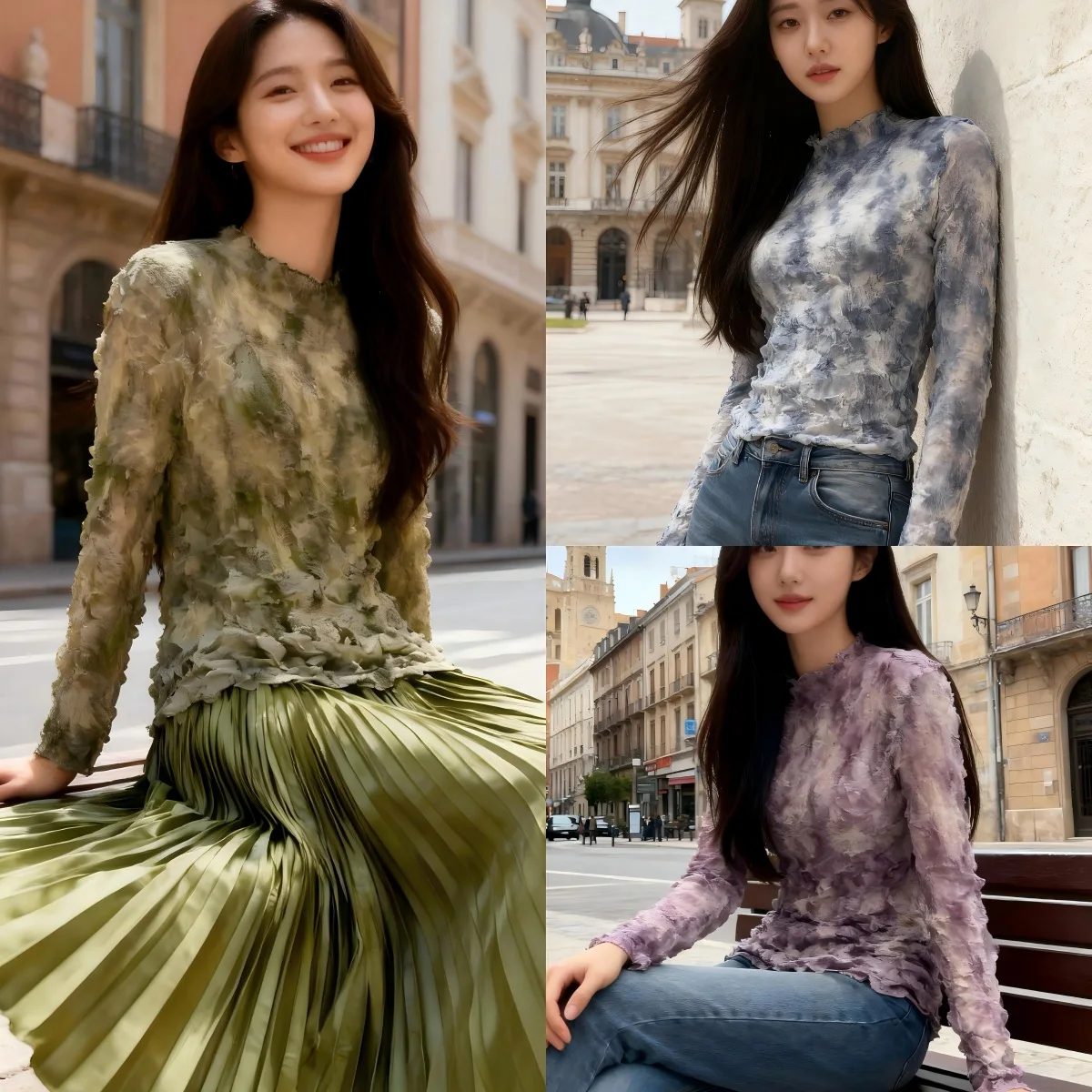 

Miyake Pleated Spring and Summer New 2026 Messy Pleated Long-sleeved Tops Women Tie-dye Slim Bottoming Shirt T-shirt Women