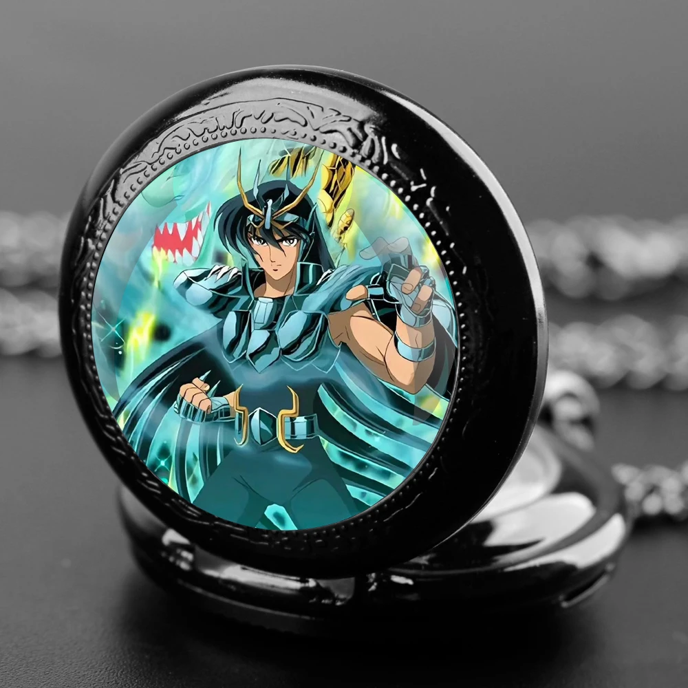 Saint Seiya Design Glaskuppel Quarz Taschenuhr mit haltbarer Kette arabische Ziffer Zifferblatt für Männer und Frauen kreative Geschenke