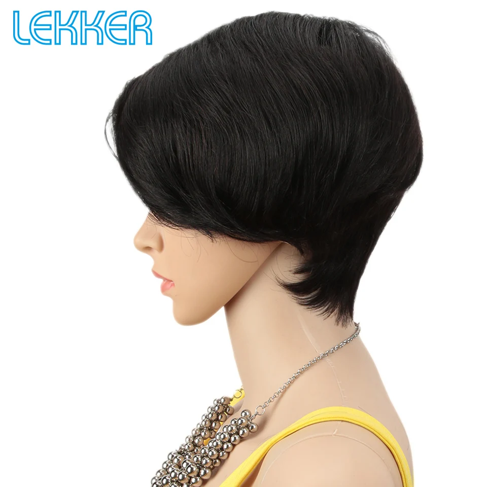 Lekker التخليص أسود قصير عابث قطع مستقيم الجانب جزء الدانتيل 100% خصلات الشعر المستعار الإنسان للنساء البرازيلي شعر ريمي غلويليس الباروكات