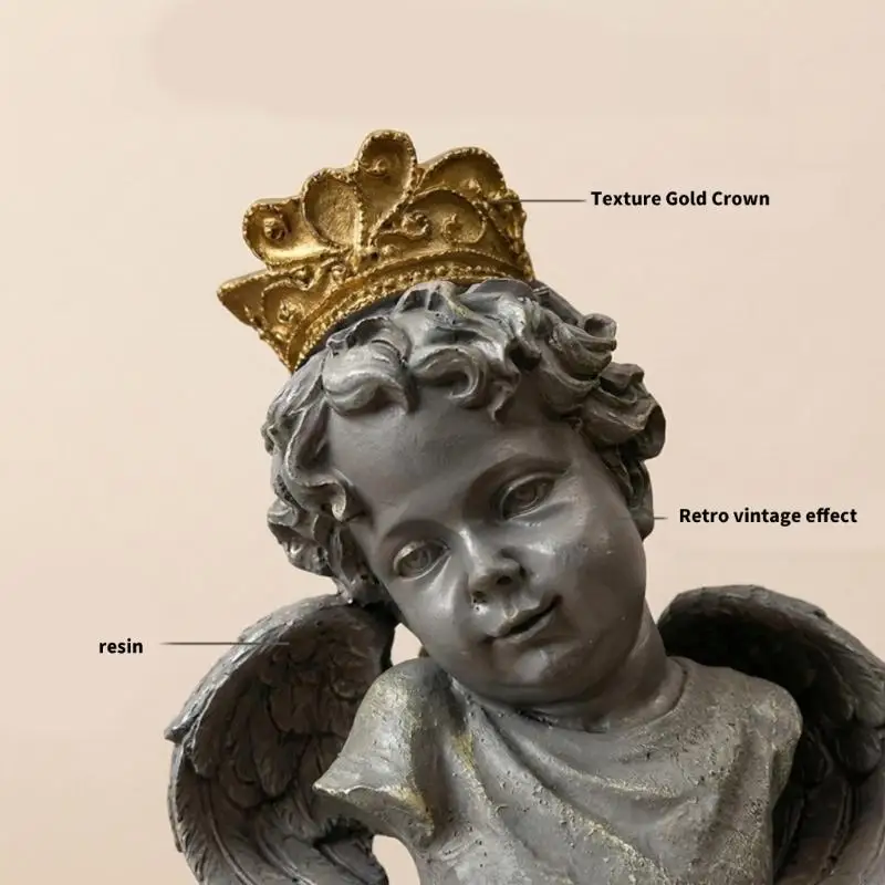 Wetterbeständige Engelskopf-Statue aus Kunstharz mit goldgekrönter, antiker Gartendekoration für den Innen- und Außenbereich – Detail 2