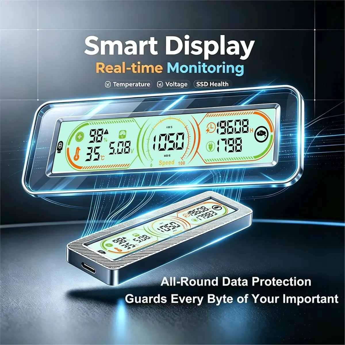 M.2 SSD Enclosure with Smart Display,Real-Time SSD Health Monitor, USB 3.2 Gen 2 10Gbps,for NVMe PCI-E SATA M.2 SSD Case