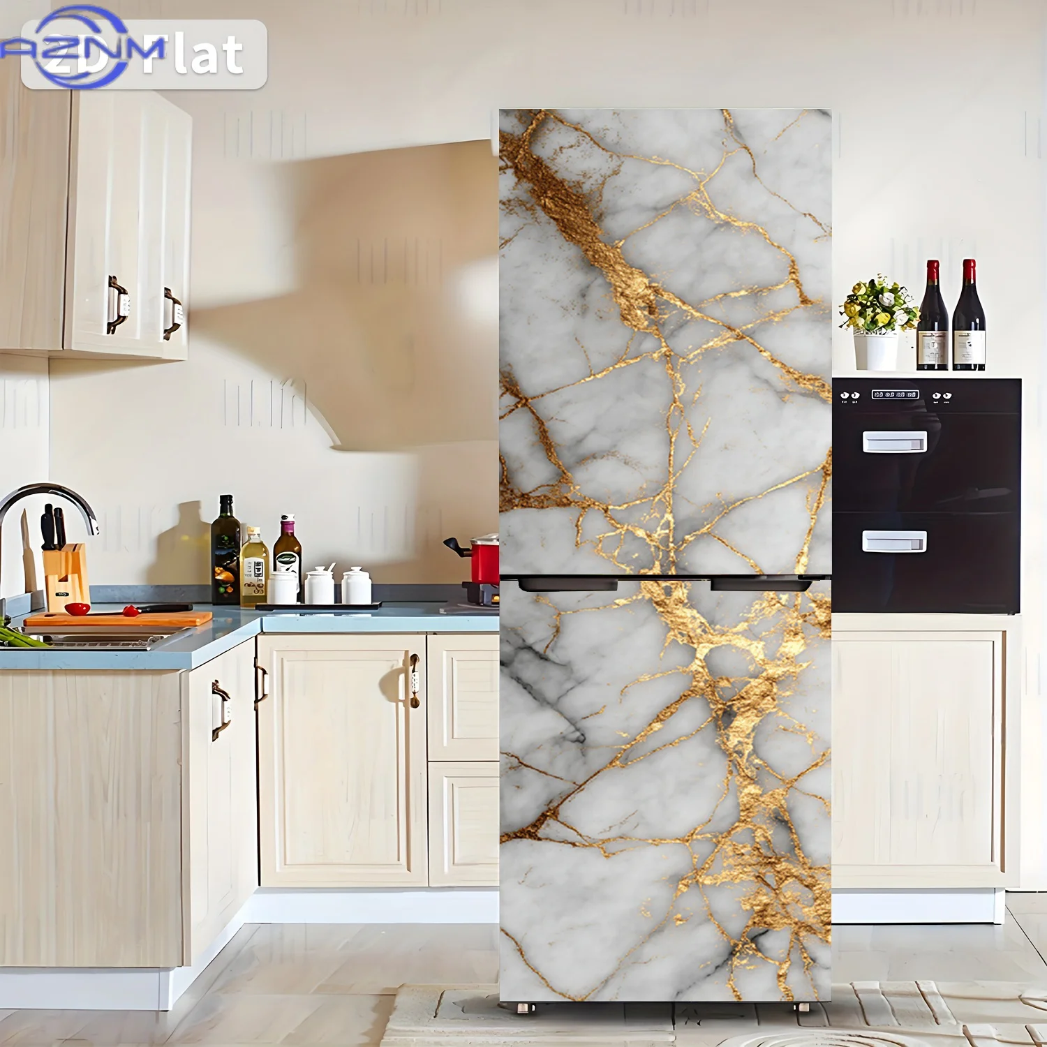 [2D Flat Printing] 1pc Refrigerator Sticker 60×180 Cm Golden Marble Theme Design Wall Sticker Decoration Wallpaper Self-Adhesi
