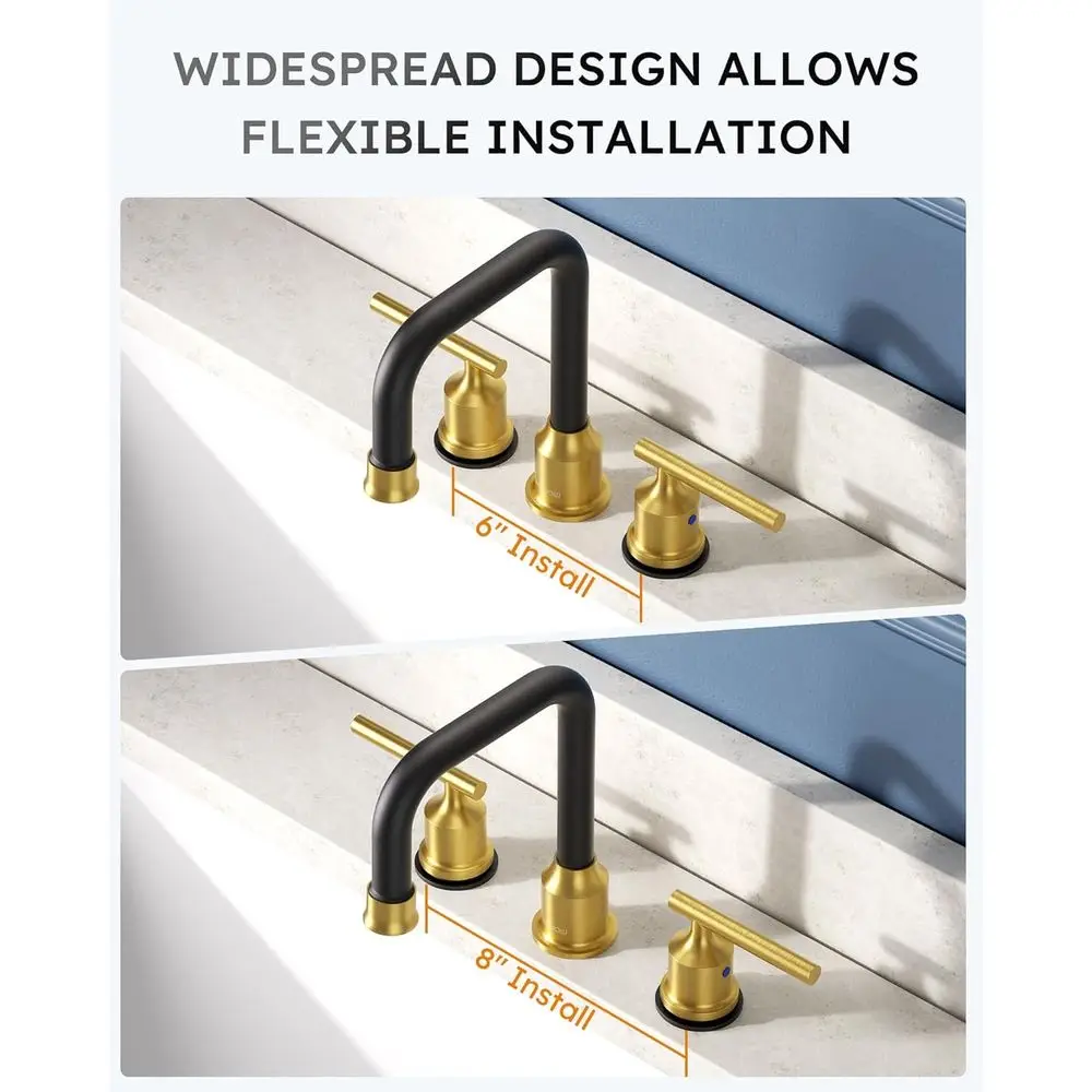 صنبور حوض الحمام بمقبضين 8 بوصة 3 فتحات باللونين الأسود والذهبي مع استنزاف منبثق #6