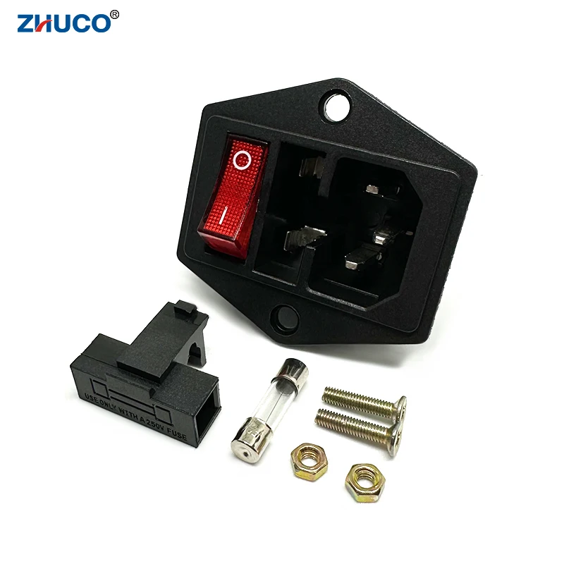1PC LZ-14-F12 C14 250V 3 Pins Plug AC Electrical Inlet Module 5x20 10A Fuse Power Red LED Rocker Switch Socket Panel Mounted