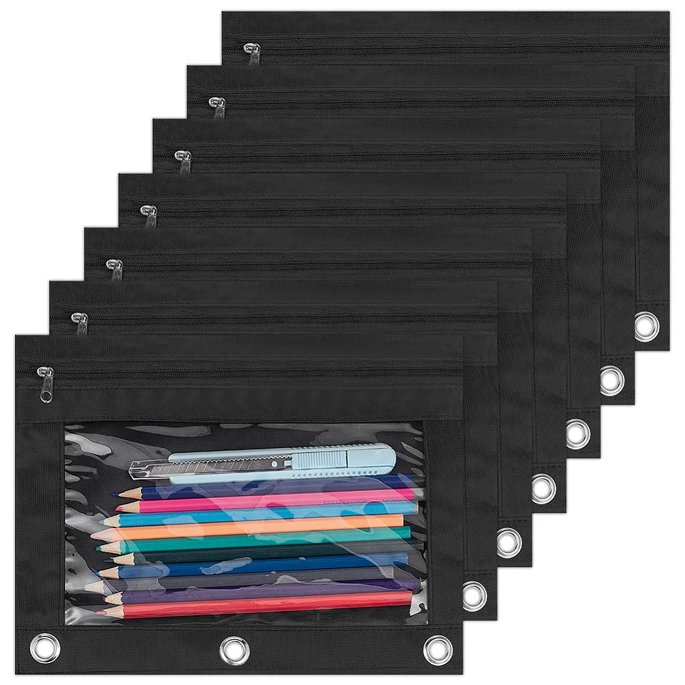 

1bag Oxford Cloth with Alloy Pen Cases for 3-Ring Binder Zipper Pen Bags Rectangle Black 185x253x2.5mm Hole: 10mm 10pcs/bag