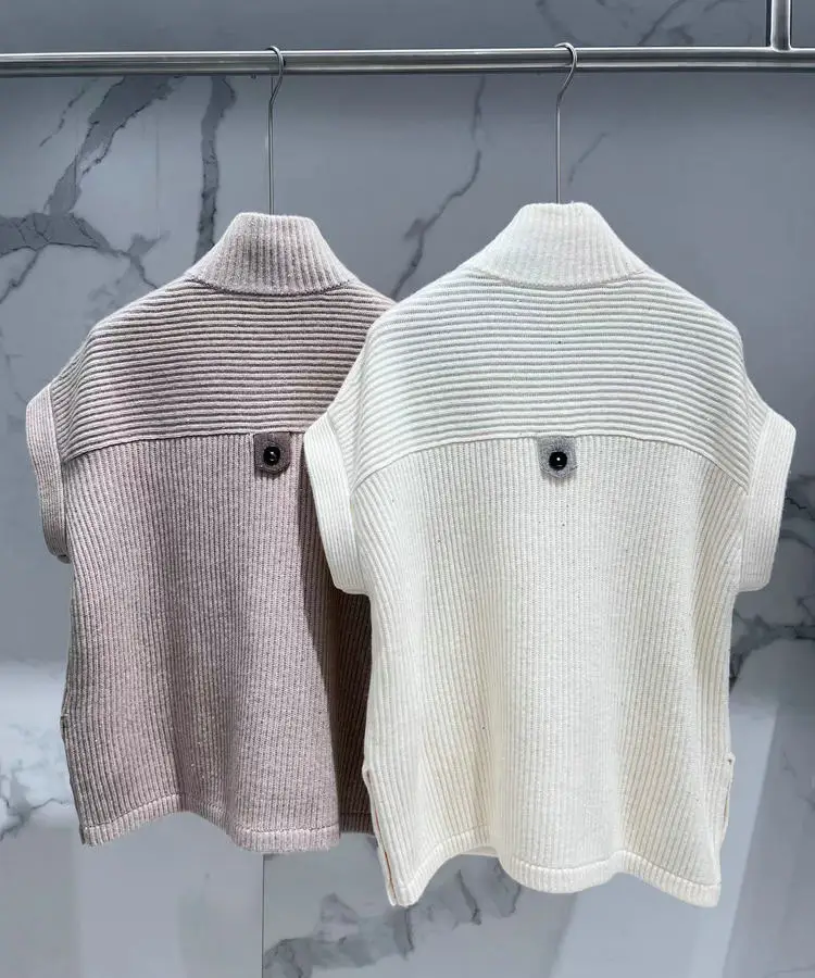 Women Ribbed Sweater 100% Wool Zipper Turtleneck Short Sleeve Solid Color Casual Knitted Cardigan