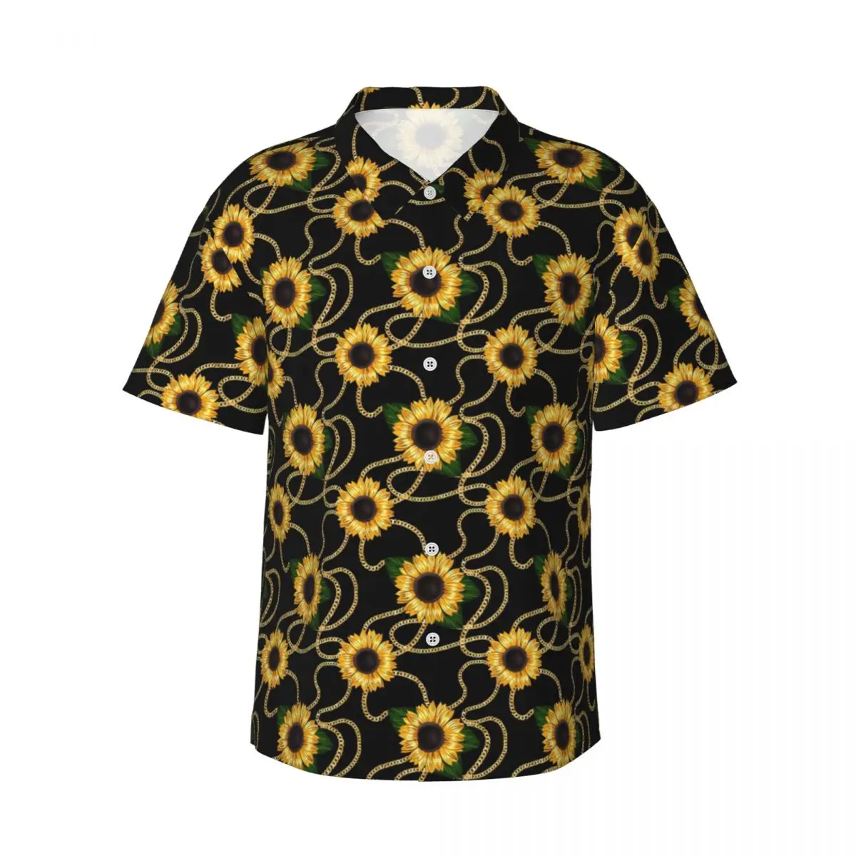Gold Chain Print Casual Shirt Sunflowers Stylish Vintage Summer Shirts Mens Short Sleeve Vacation Breathable Oversized Blouses