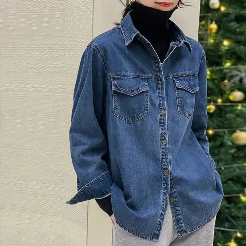 Retro Long-Sleeve Shirt Jacket Women Short Denim Jacket Female Coat Spring Autumn Denim Shirt Women Loose Bottoming