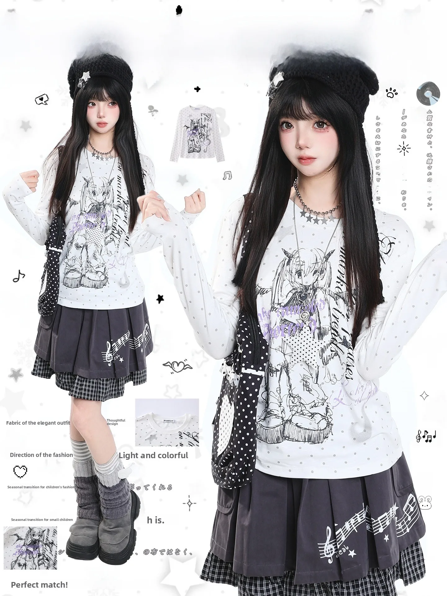Y2K Cartoon Anime Print Long Sleeve T-Shirt Women's Autumn Casual Slim Fit Unique Style Anti-Shoulder Print Comfortable Breat...