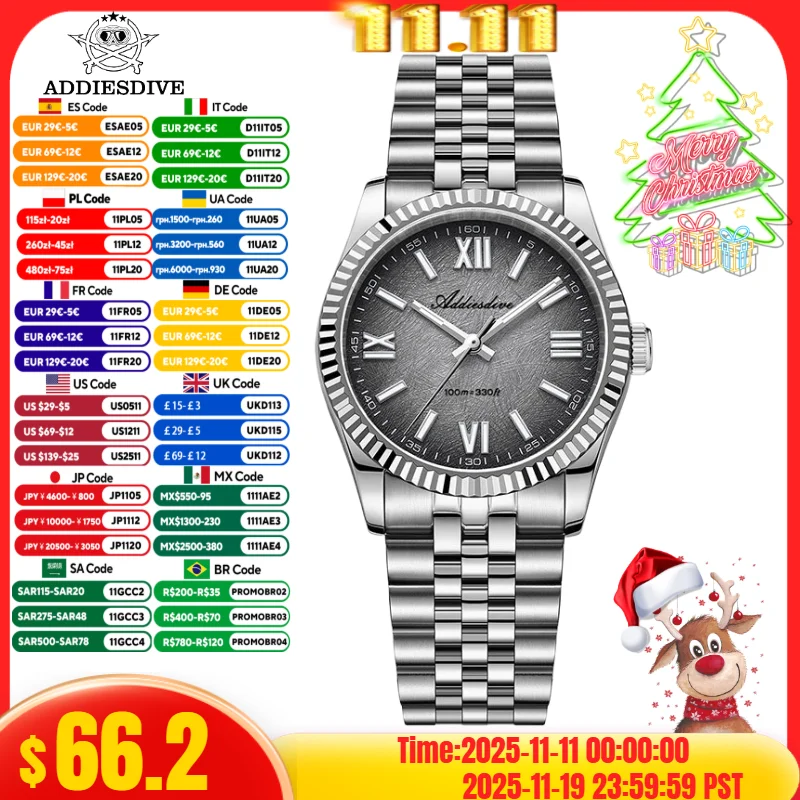 

ADDIESDIVE 36mm Men Watch reloj hombre Luminous Sapphire Grass 10Bar Waterproof Jubilee Strap AD2512 VH31 Movement Quartz Watch