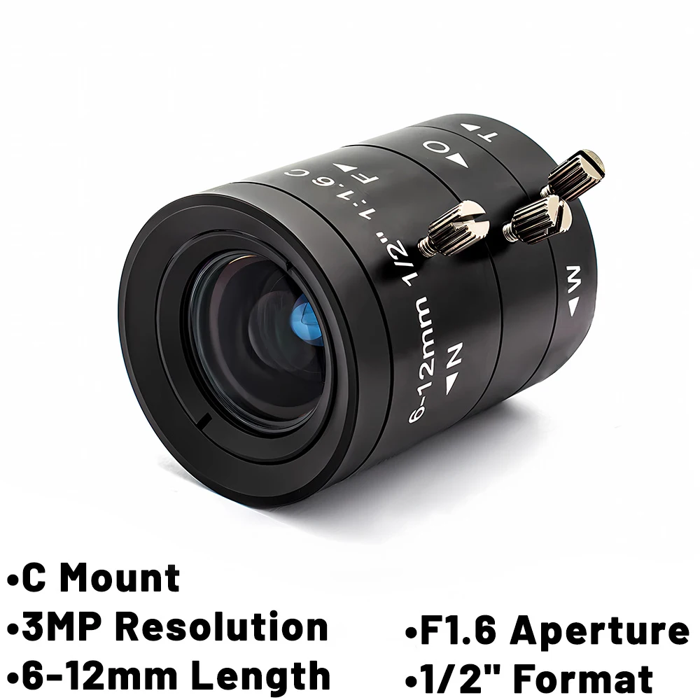 

6-12mm Manual Focus Varifocal Lens C Mount Format No Distortion 1/2" Aperture F1.6 High Quality CCTV Lenses For Security Cameras