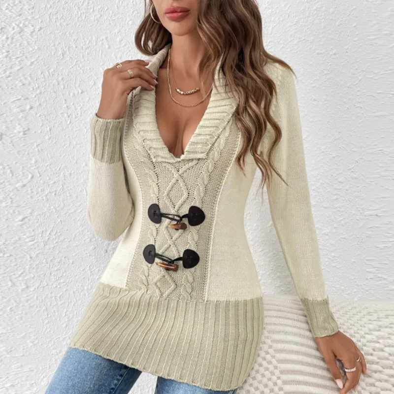 

Женский сексуальный приталенный вязаный свитер с v-образным вырезом средней длины и длинным пуловером с витым цветком, вязаный свитер с длинными рукавами