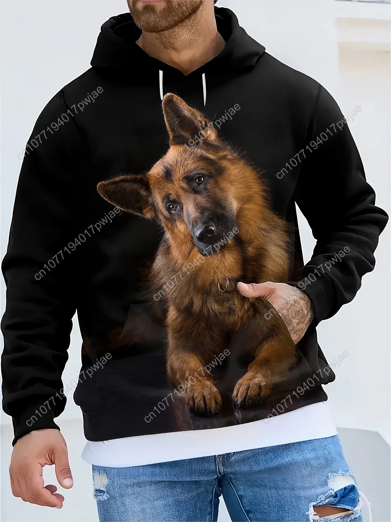 Moletom com capuz masculino com estampa de pastor alemão 3D / pulôver aconchegante de manga comprida com bolso canguru / poliéster para primavera e outono / casual St