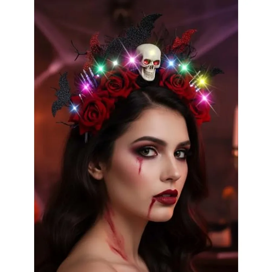Faixa de cabeça de Halloween GlowintheDark com design de caveira e morcego para fantasia cosplay, ideal para acessórios de festival de roupas de festa femininas