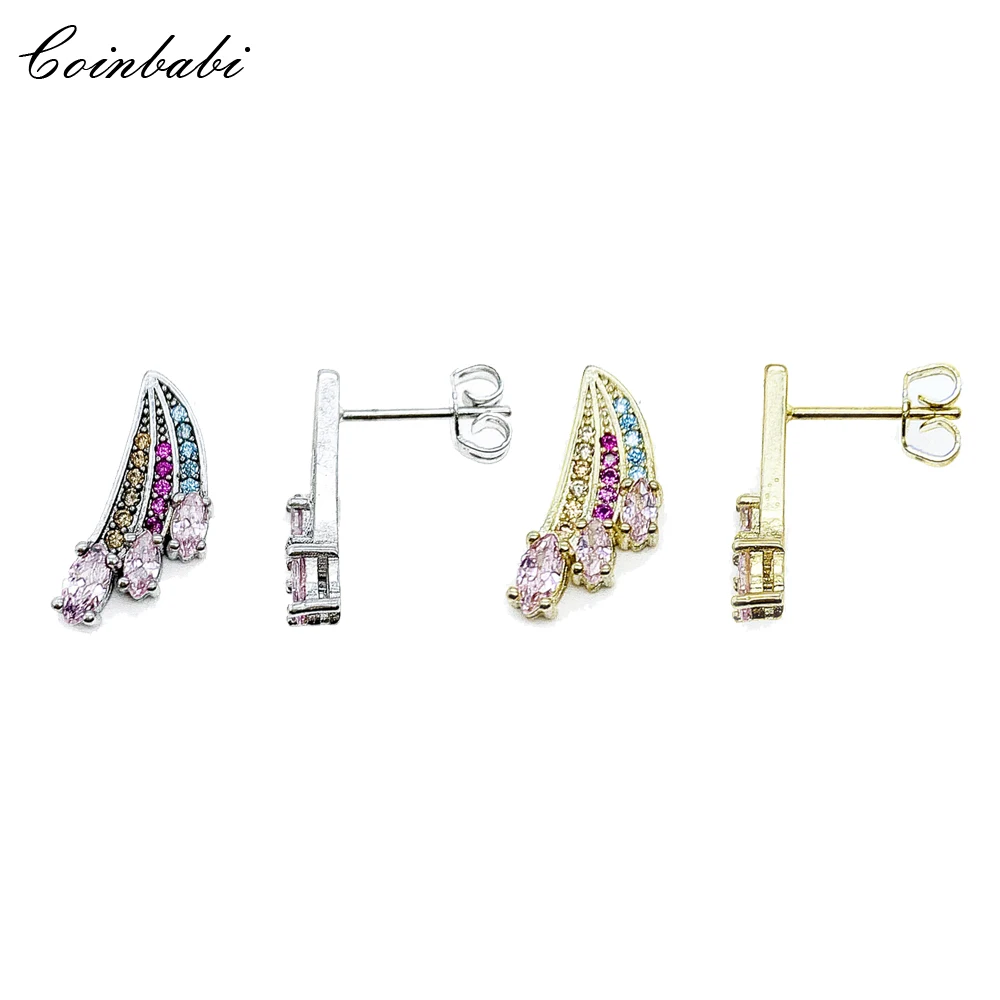 Ear Studs Colorful Hummingbird Wings 925 Sterling Silver Golden Rainbow Look Women Fine Jewerly Romantic Earrings Trendy Bijoux