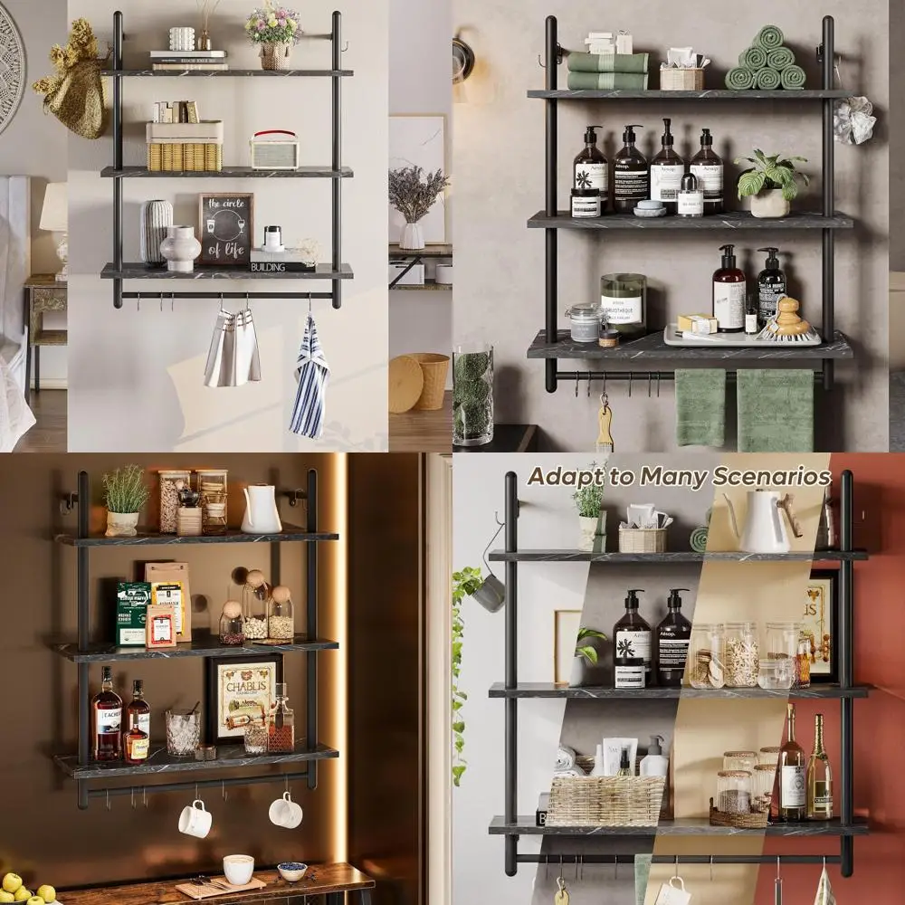 

31,5 настенная 3-х уровневая плавающая полка с крючками для полотенец, черный мраморный стиль для кухни, гостиной и многого другого