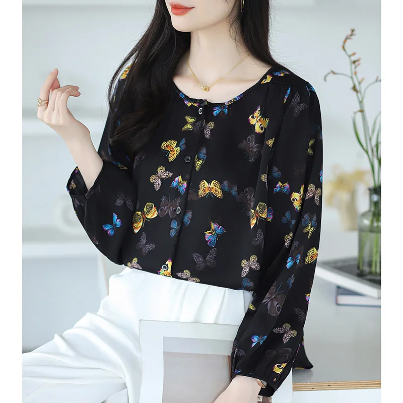 Women Clothing O-neck Long Sleeve Chiffon Shirt Autumn Casual Loose Butterfly Print Blouses Office Lady Elegant All-match Tops