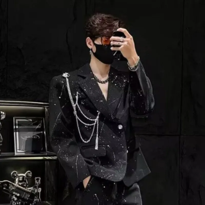 Męska marynarka WVGA na wiosnę i jesień, nowy model, wzór z efektem rozprysku tuszu, styl darkwear, modny, niszowy, szykowny, casualowy, z kołnierzykiem, Ins W17167