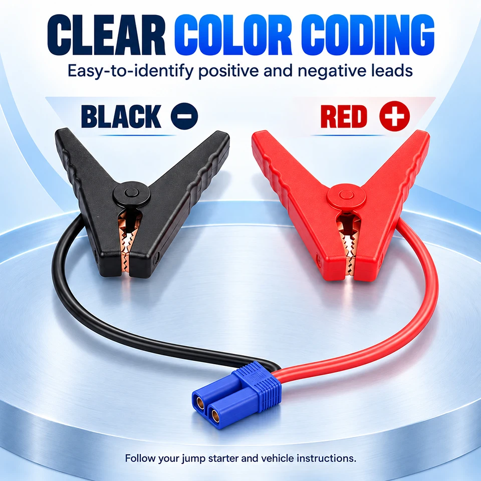 Car Jump Starter Cable with Battery Clamps Replacement Jumper Leads Red Black Clips Direct, Inline or Smart Module Options 1 Set