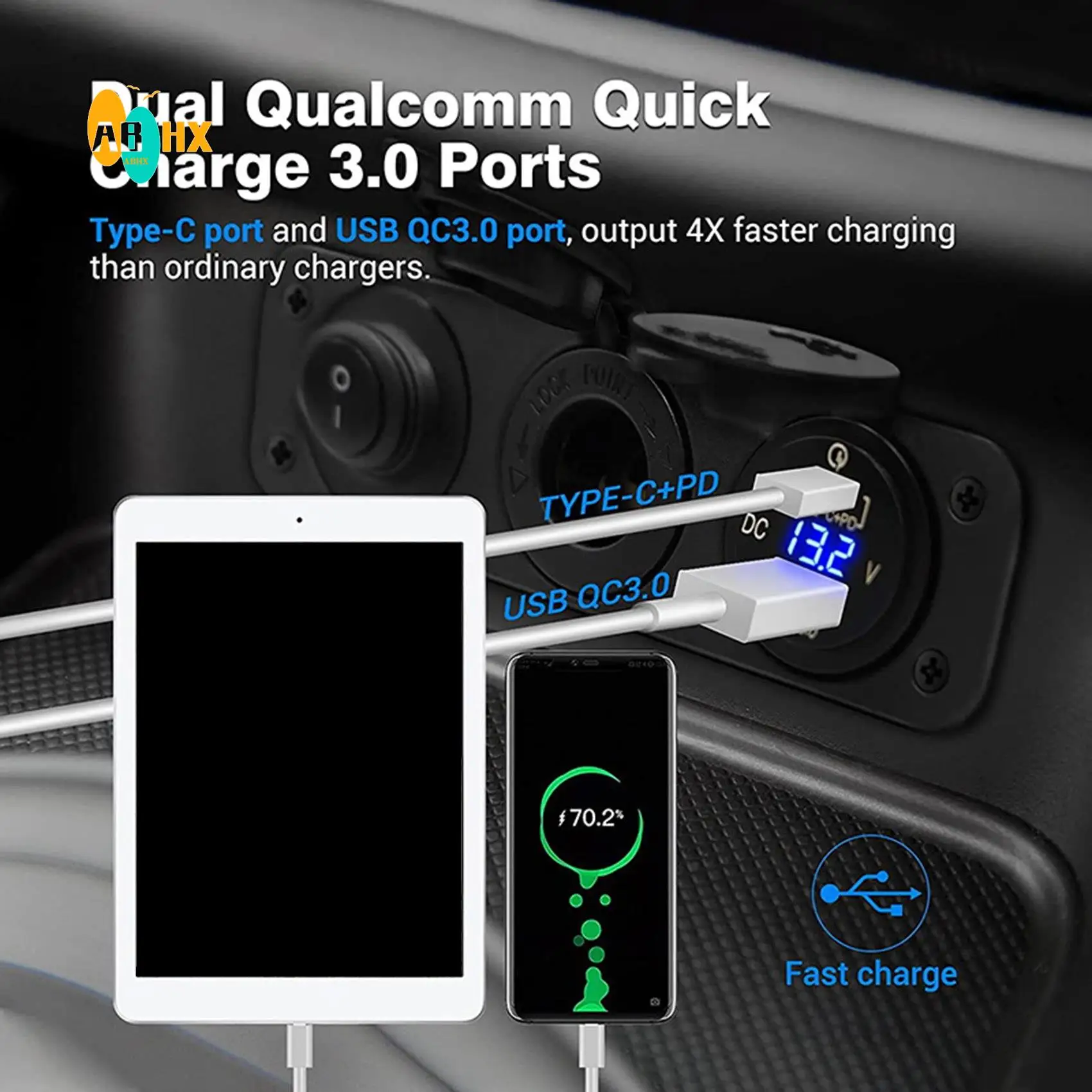 ABHX-Lighter Socket 12V/24V With Rocker Toggle Switch PD&QC3.0 USB C Outlet With LED Voltmeter Waterproof For Car Boat