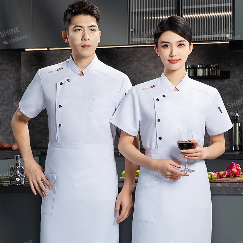 Uniforme de Chef de manga corta para hombre, chaqueta de cocina, delantal blanco, ropa de trabajo, logo, pantalones cortos de Chef, abrigo de Chef de restaurante transpirable de verano