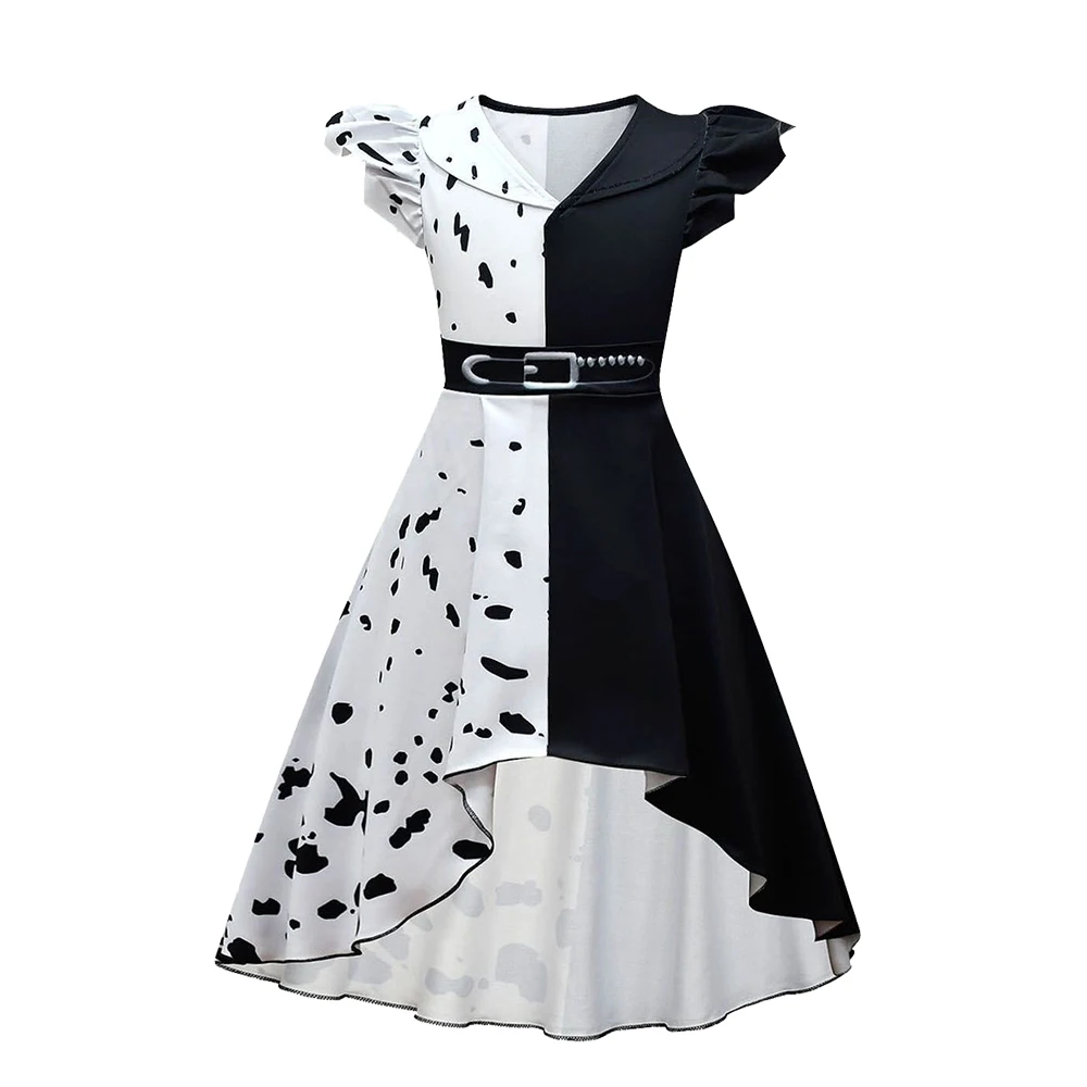 Halloween Carnival Children Cruella Cosplay Costume Masquerade Party Fancy Girls Witch White Black Dress Vintage Long Dresses