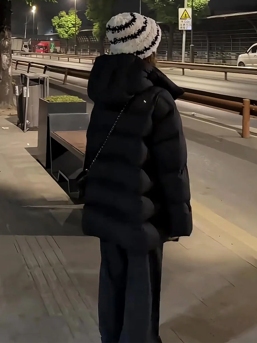 Koreanischer Damen-Langmantel mit Kapuze, Daunenjacke, Weiß, Warm, Dicker, Locker Geschnitten, Schwarz, für die Wintersaison