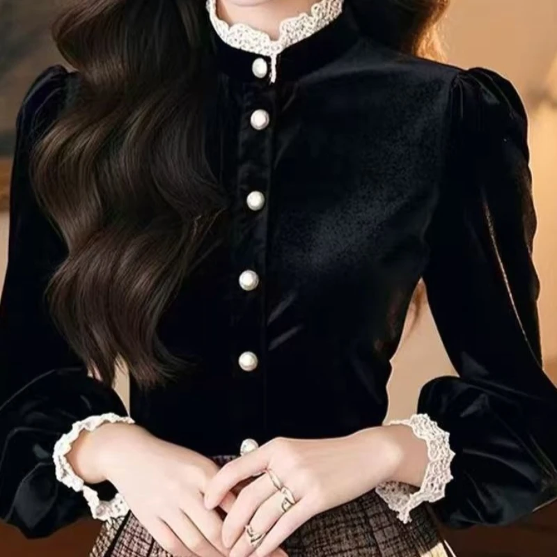 

Женская рубашка, блузка, кружевной осенне-зимний бархатный топ с длинными рукавами, черные топы 2025 года TT374
