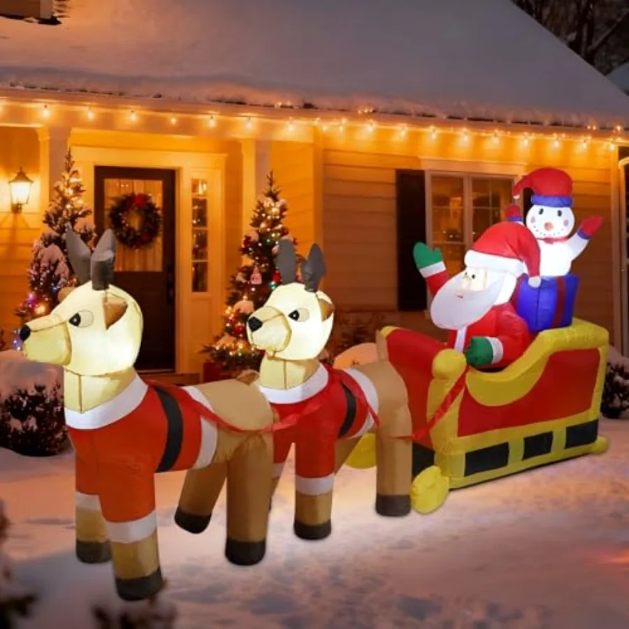 

Outdoor 8ft inflatable Santa snowman on sleigh with reindeersweather-resistant PVC, red/white, built-in LED lights for garden,