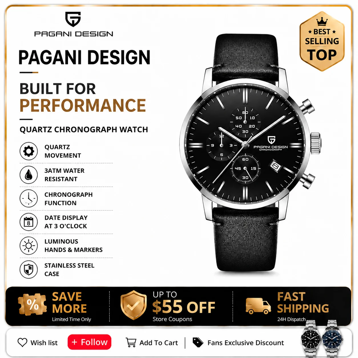 PAGANI DESIGN Men's Chronograph Watch Japan VK67 Quartz Movement 3ATM Waterproof Business Sports Wristwatch Relogio Masculino