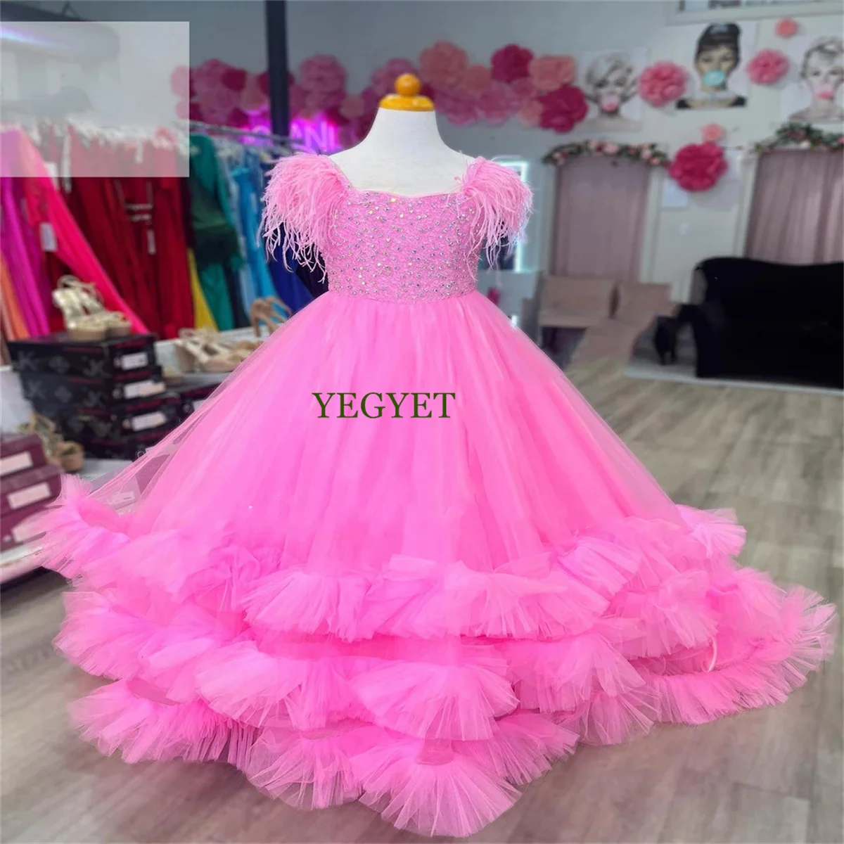 CustomBlue Pink Tulle Flower Girl Dress For Wedding Puffy Feather Beaded Kids Pageant Birthday Party First Communion Dress Gowns