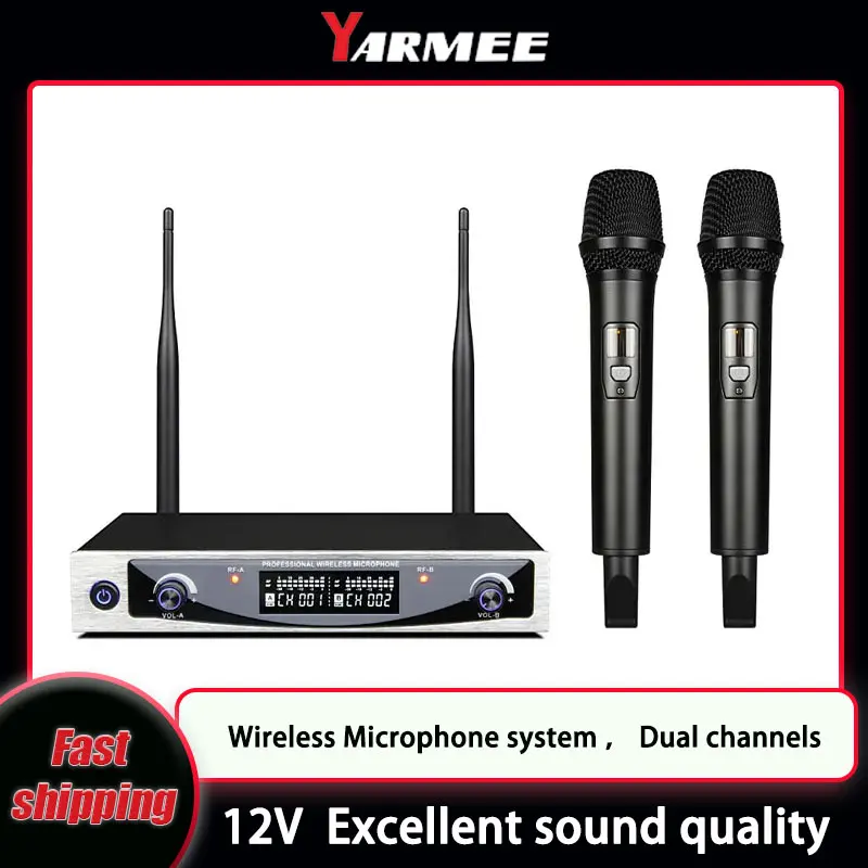 

YARMEE 500-599MHz Stage Performance Home KTV UHF Handheld Dual Wireless Microphone System Karaoke System Dynamic With Host