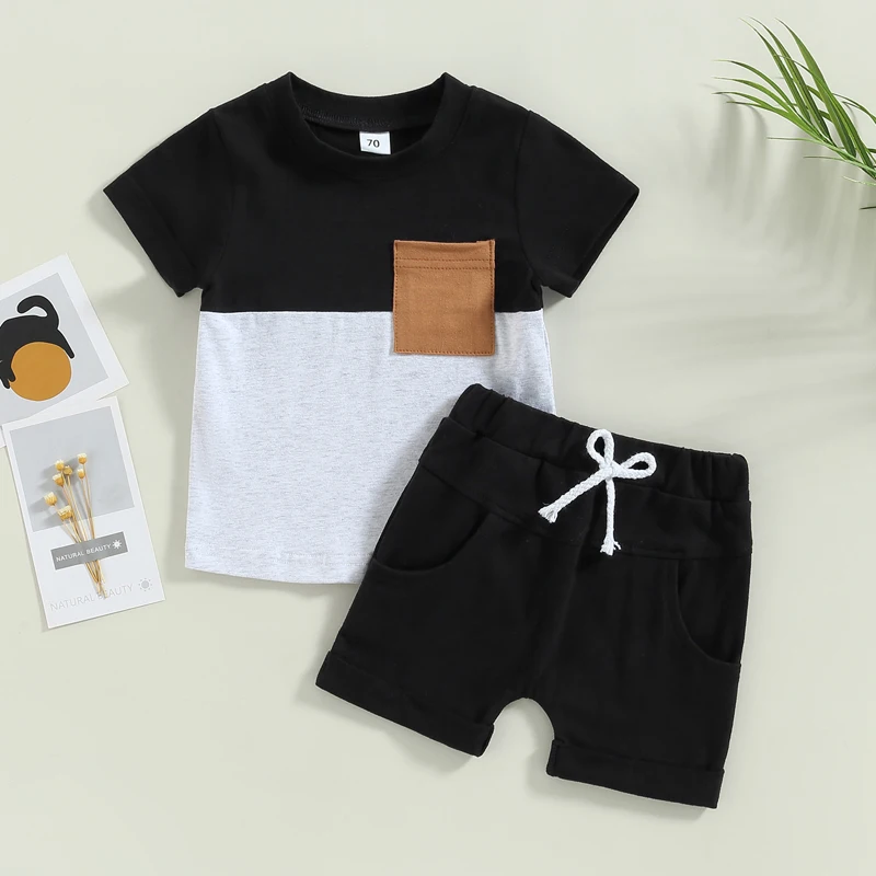 SXYPAYXS-Toddler Boys Girls Outfit Contrast Short Sleeve T-Shirt With Elasticated Waist Shorts Kids Summer Dresses