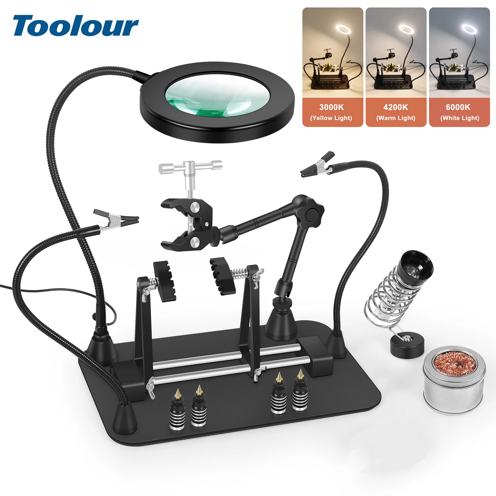 

Toolour Soldering Helping Hands Tool with 5X LED Magnifying Glass Third Hand Soldering Iron Holder 360 Degree Flip PCB Holder