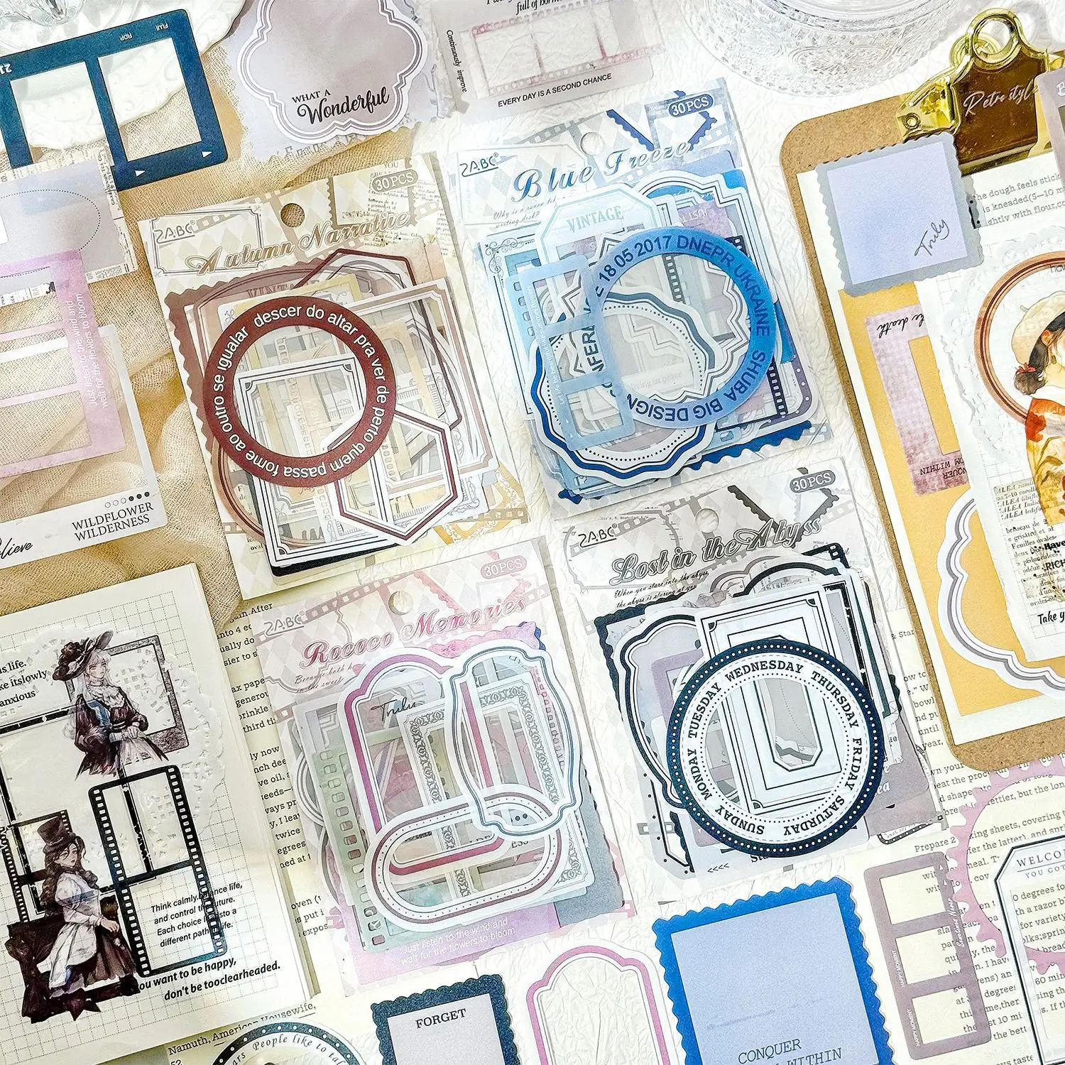 30sheets Ins Style Assorted Frame Border Collage Materials, Decor Stickers for Journal Scrapbooking Handmade Craft