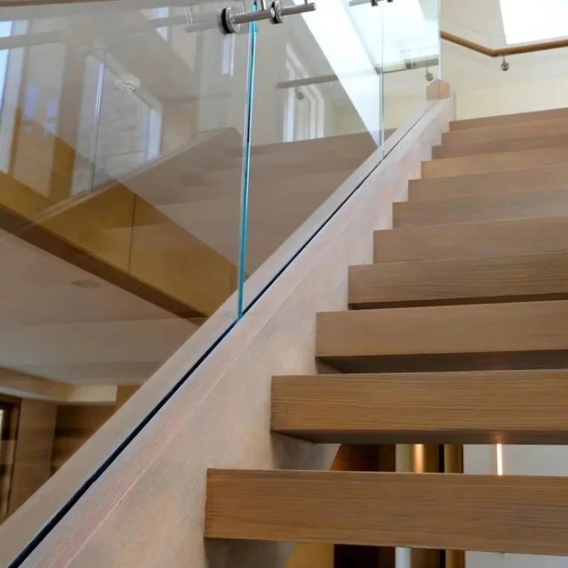custom.Modern Indoor Solid Wooden Floating Stairs U Slot Metal Beam Glass Railing Apartment Use Straight Steel Design