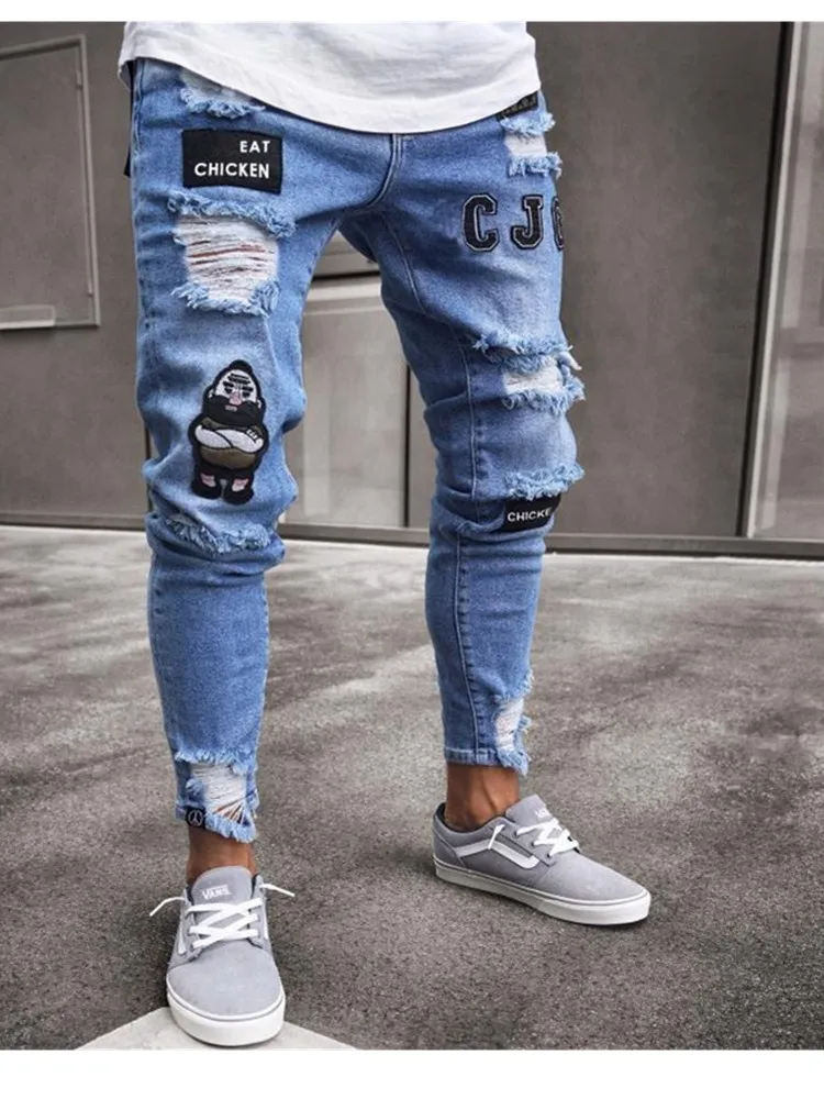 Jeans ricamati bianchi Jeans Skinny strappati elasticizzati in cotone da uomo pantaloni in Denim Oversize Slim Fit con foro nero Hip Hop di alta qualità