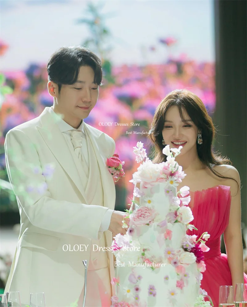 OLOEY 妖精 A ラインホットピンクチュール韓国イブニングドレス結婚式の写真撮影ストラップレスフロアレングスウエディングドレスコルセット CUSOTM