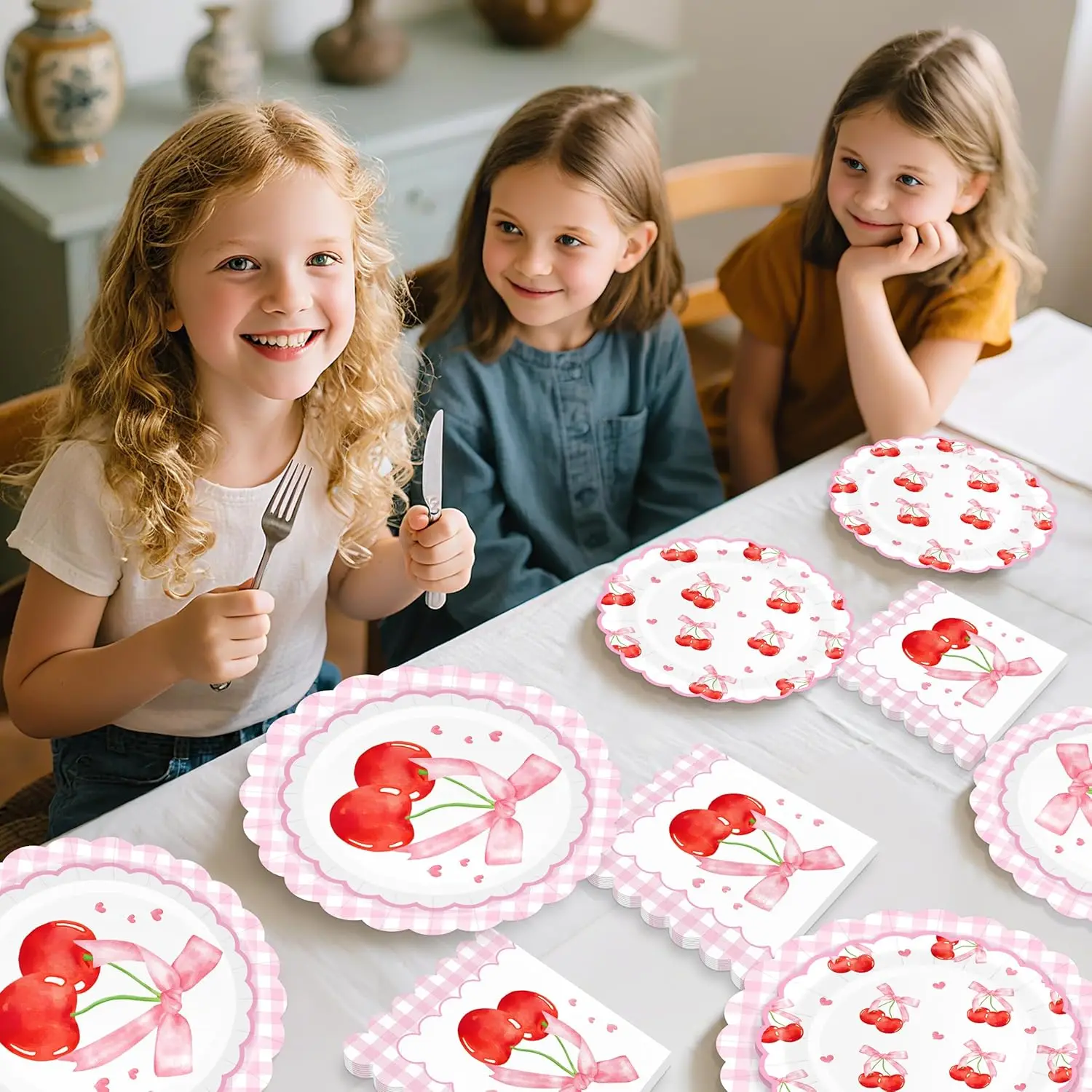Süßes Kirsch-Party-Einweggeschirr, rosa Schleifen-Gingham-Teller, Becher, Servietten für Mädchen, alles Gute zum Geburtstag, Prinzessin, Babyparty – Detail 3