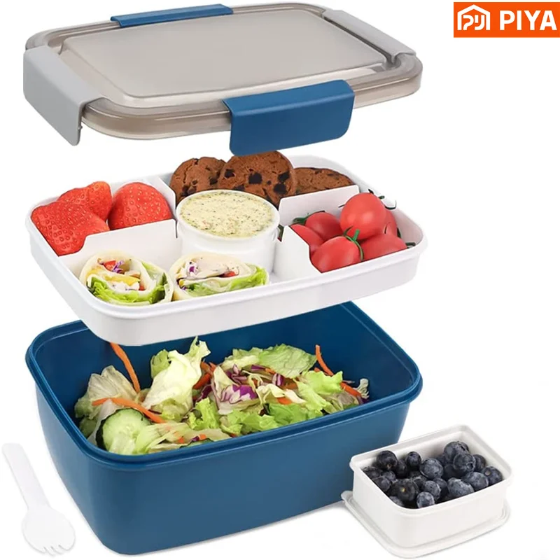 Large Microwave Safe Bento Box Big Salad Food Container 4 Compartment Tray BPA-Free Lunch Box Salad Bowl With Dressing Container