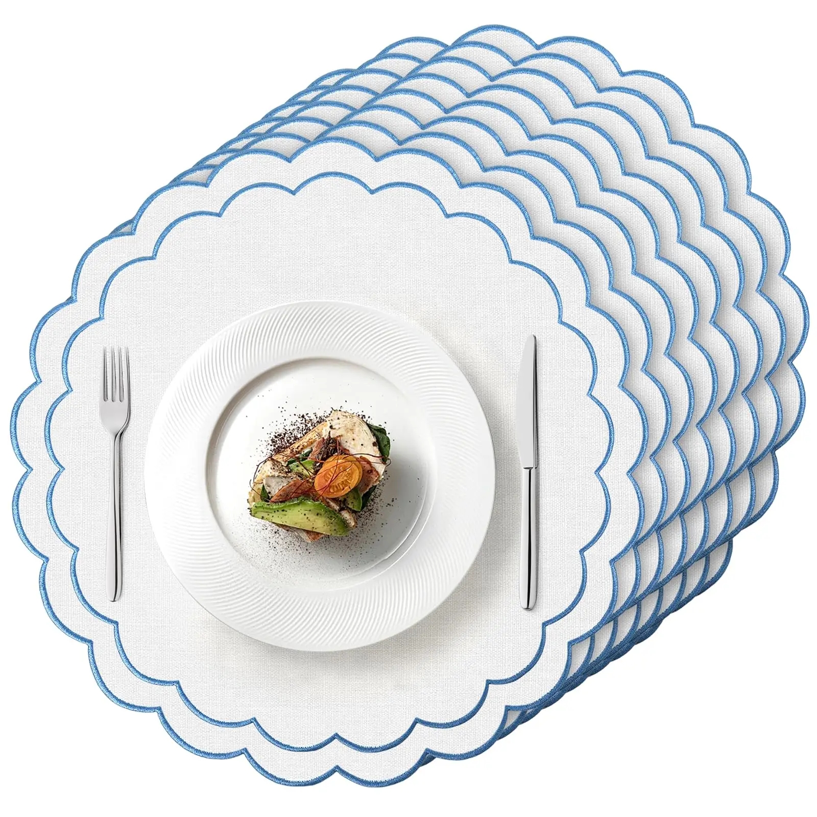 

Cotton Linen Placemats,15 Inch Scalloped Flower Embroidery Cloth Table Mats Fabric Machine Washable Wrinkle Placemats for Home