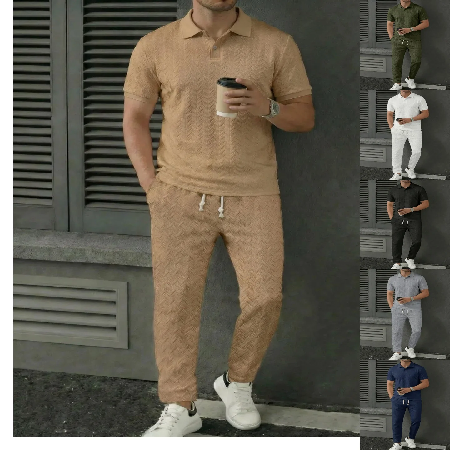 

Summer men's new jacquard fabric, with ribbed cuffs, solid color casual and comfortable polo short-sleeved long pants set