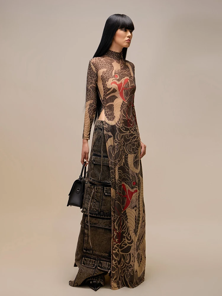 Kliou ความงามพิมพ์ผู้หญิงเสื้อยืด Hipster ฤดูใบไม้ร่วง STAND COLLAR Super-ยาว Slim Tops Mujer ตาข่ายบางที่น่าสนใจ streetwear