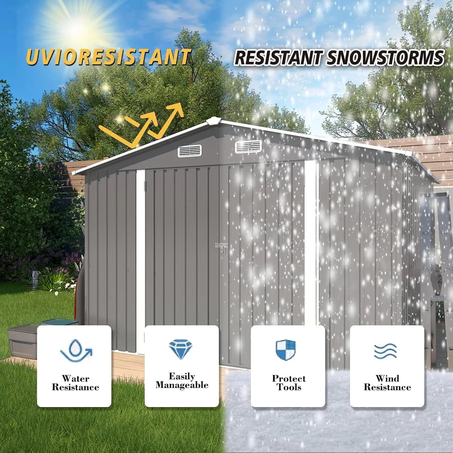 10x8x6.4FT Outdoor Storage Shed, Galvanized Steel Garden Shed with Lockable Door & Window, Waterproof Metal Tool Storage for Gar