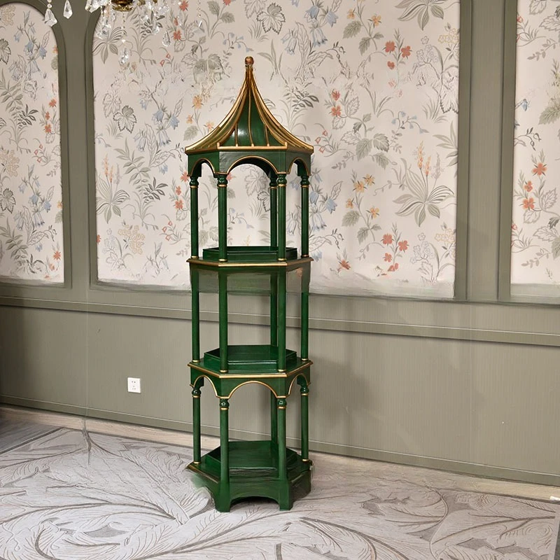hexagonal shelves, multi-layer display shelves in the corner of the medieval living room, light luxury floor edges
