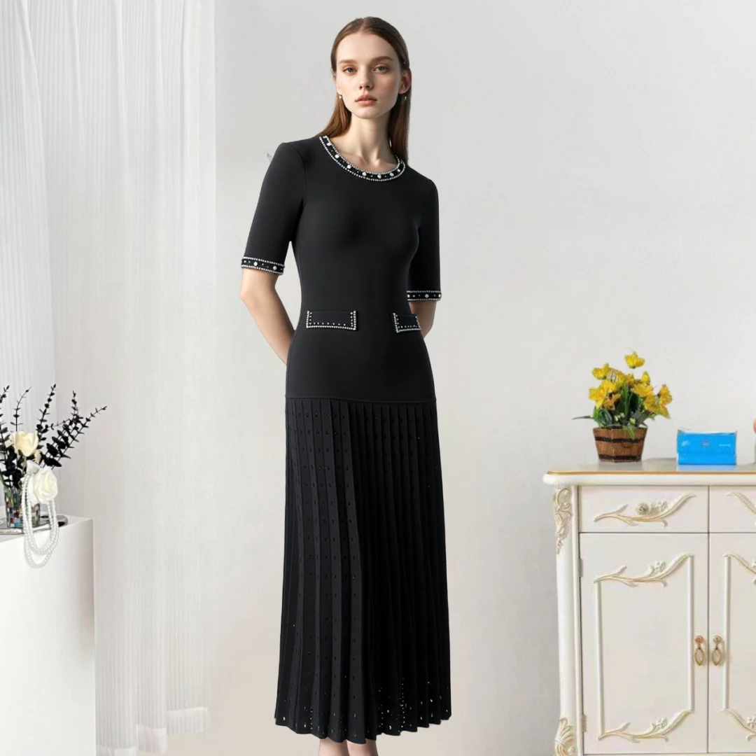 Luxe kralen gebreide lange jurk damesmode O-hals korte mouwen effen bodycon jurken vrouwelijke wit zwarte gewaden