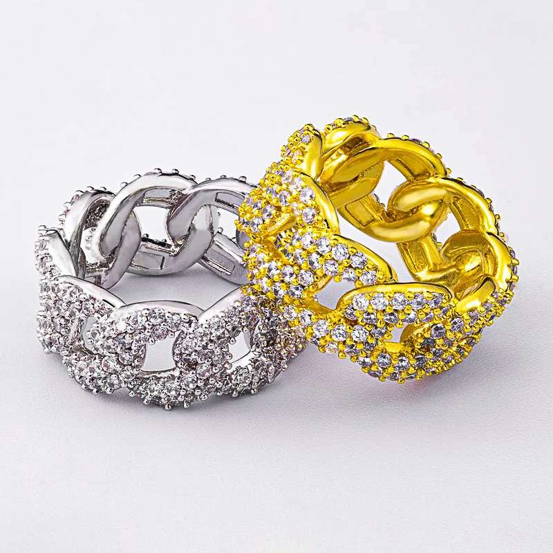 Hip Hop Ring Men's full diamond Zircon closed 18-karat gold broken diamond brass mesh