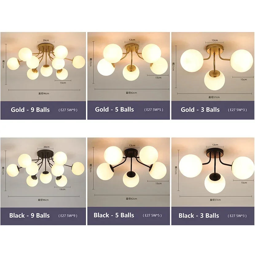 Imagem -04 - Coco-bola de Vidro Branco Luzes de Teto Lustre Moderno Preto e Dourado Corpo da Lâmpada para Sala e Quarto Drop Shipping